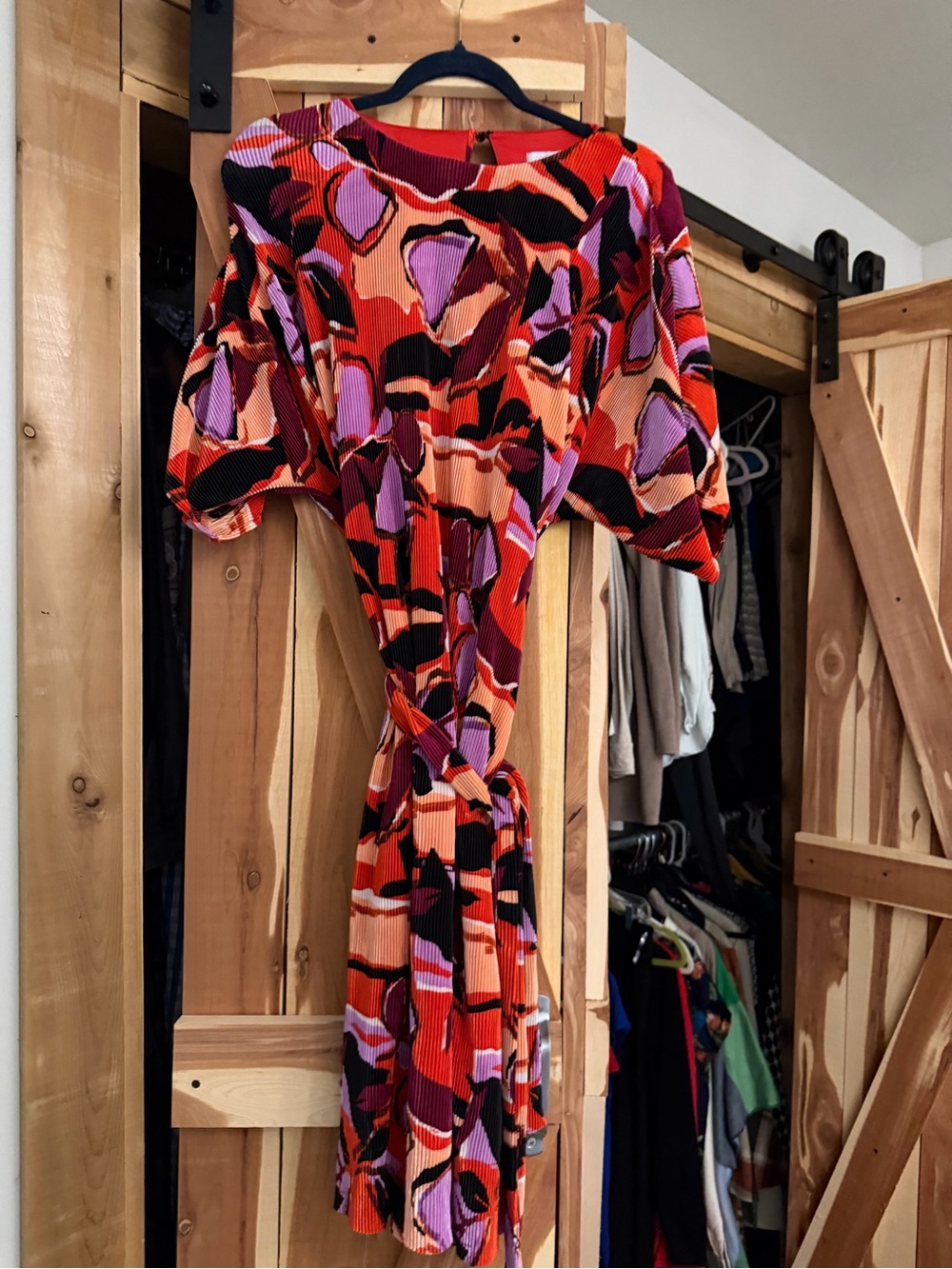 London Times Orange, Red & Purple Abstract Midi Dress with Tie Waist